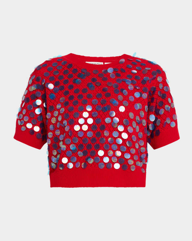 Edoardo Sequined Pointelle Knit Crop Sweat